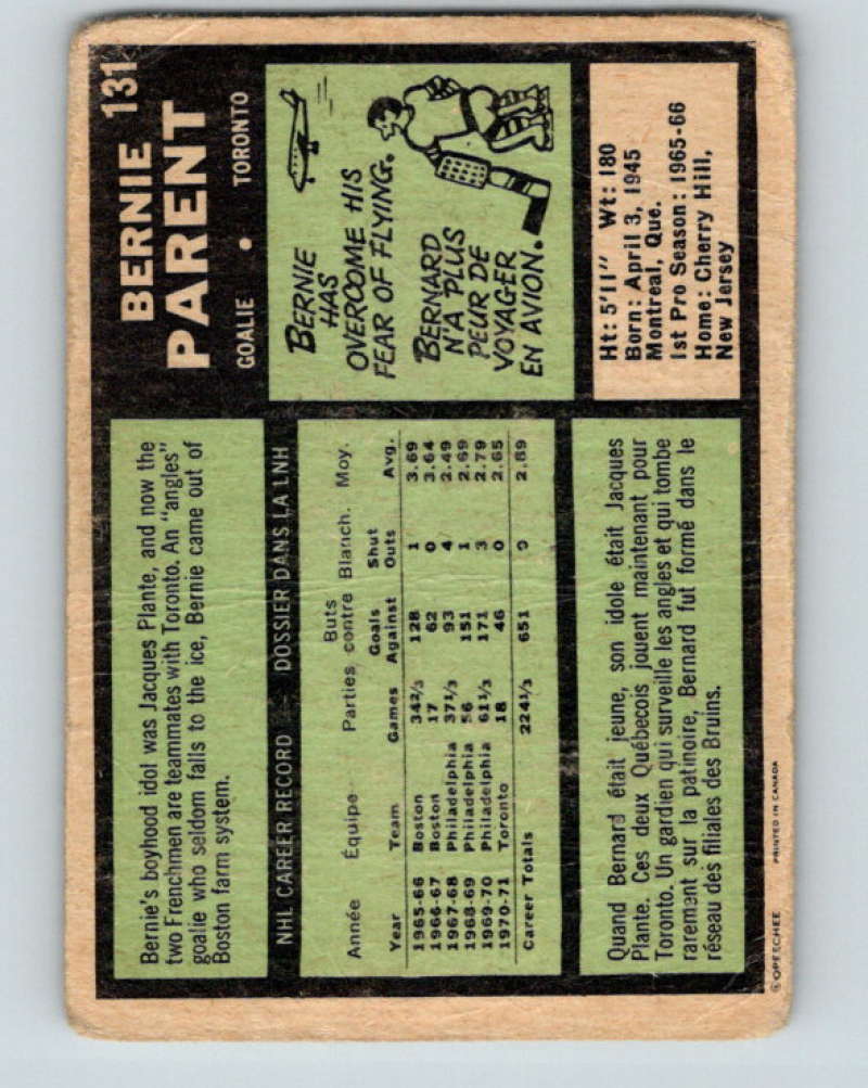 1971-72 O-Pee-Chee #131 Bernie Parent  Toronto Maple Leafs  8826