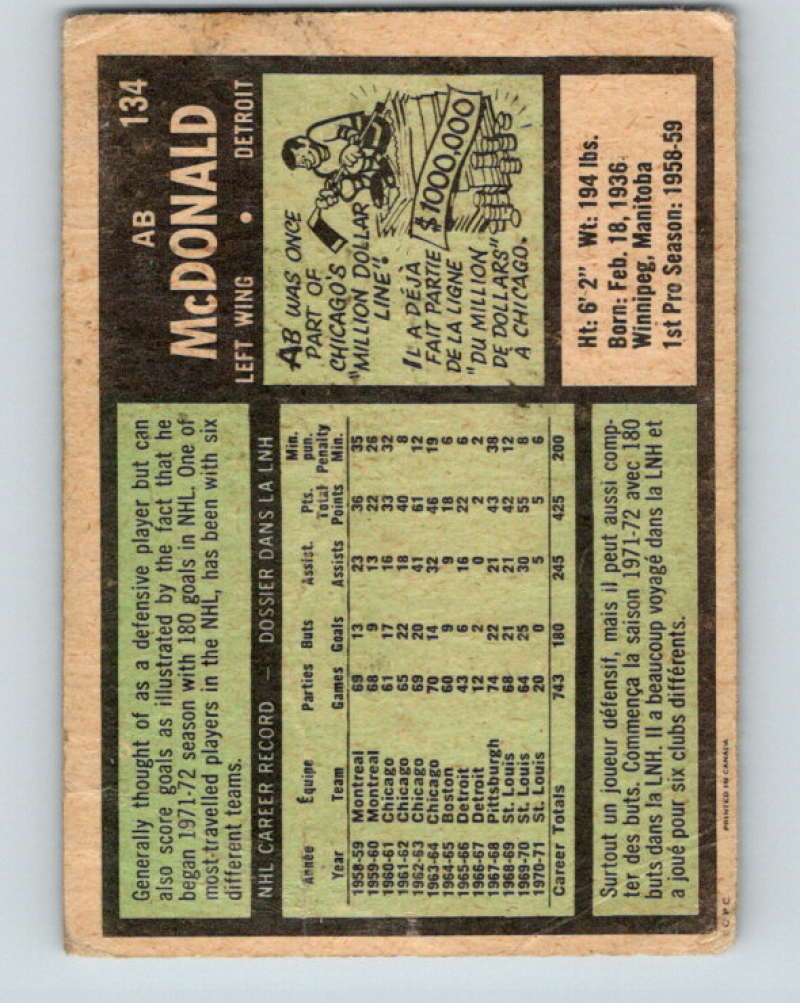 1971-72 O-Pee-Chee #134 Ab McDonald  Detroit Red Wings  8829