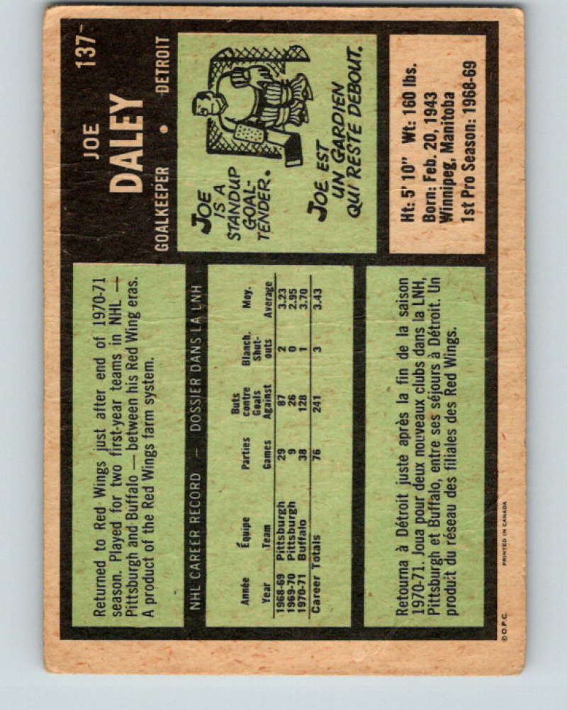 1971-72 O-Pee-Chee #137 Joe Daley  Detroit Red Wings  8832 Image 2