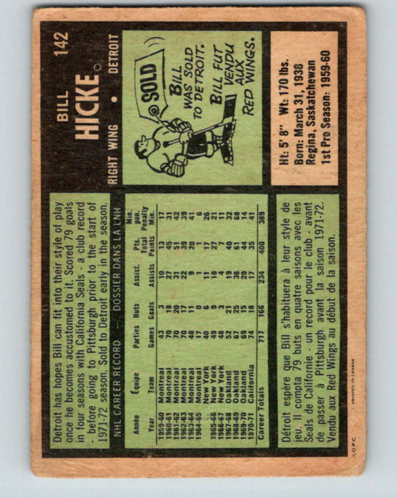 1971-72 O-Pee-Chee #142 Bill Hicke  Detroit Red Wings  8837