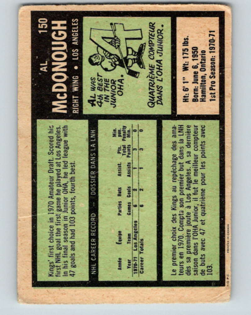 1971-72 O-Pee-Chee #150 Al McDonough  RC Rookie Los Angeles Kings  8845 Image 2