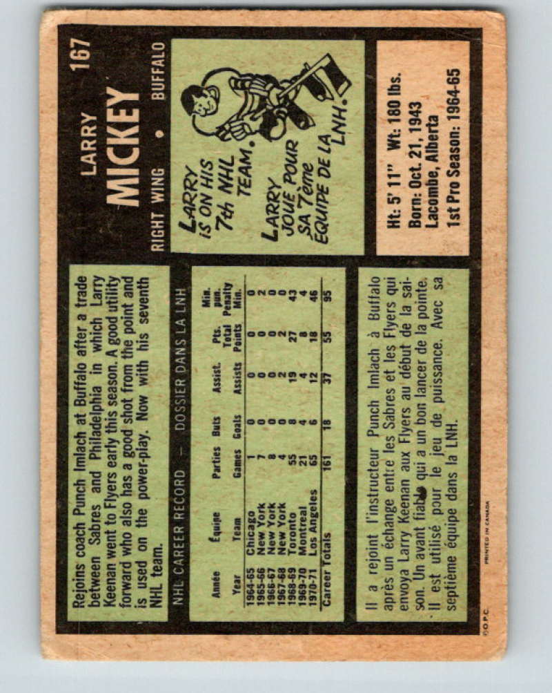 1971-72 O-Pee-Chee #167 Larry Mickey  Buffalo Sabres  8862 Image 2