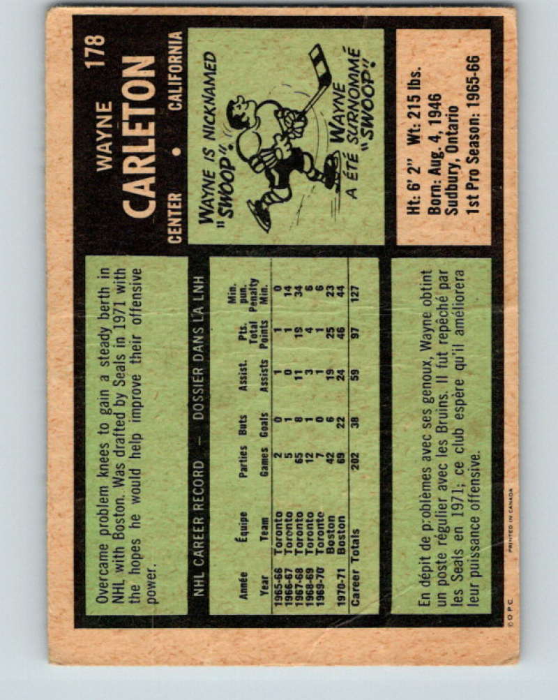 1971-72 O-Pee-Chee #178 Wayne Carleton  California Golden Seals  8873 Image 2