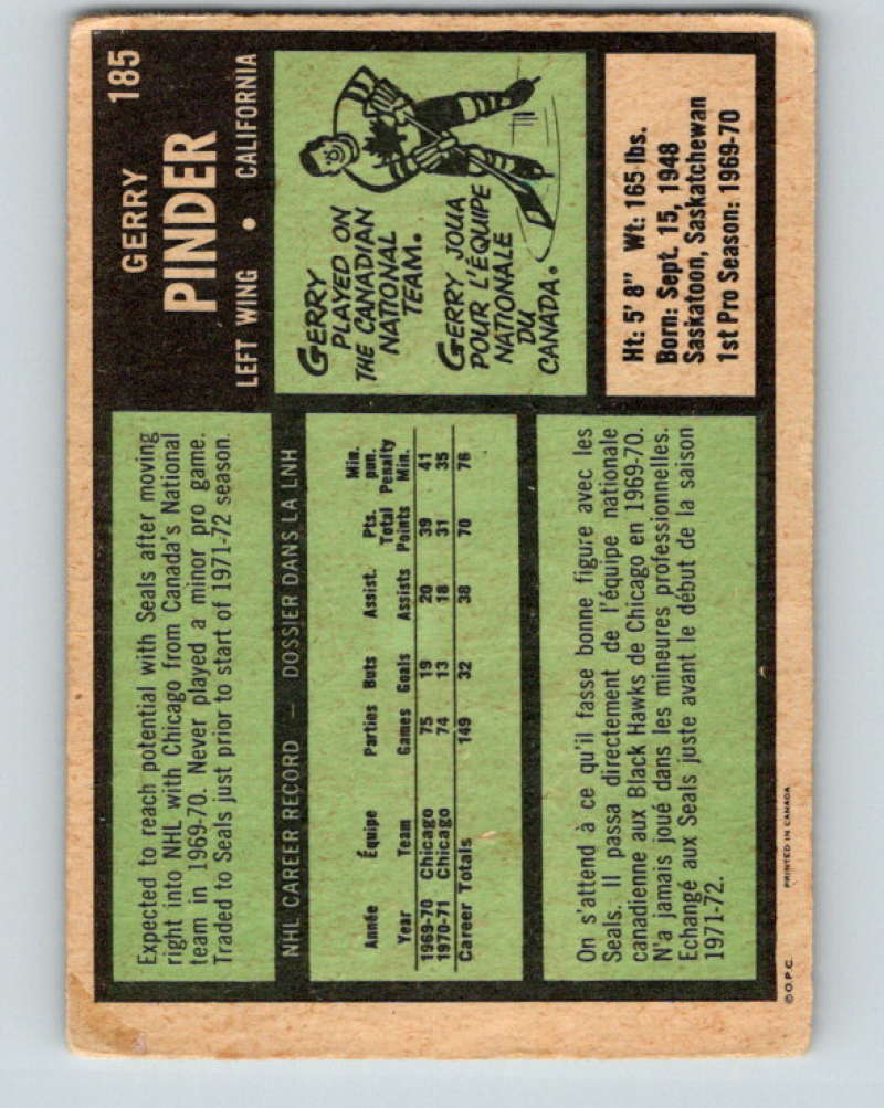 1971-72 O-Pee-Chee #185 Gerry Pinder  California Golden Seals  8880 Image 2