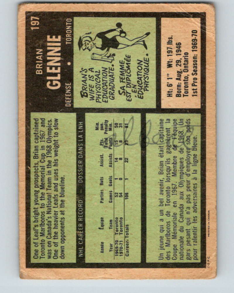 1971-72 O-Pee-Chee #197 Brian Glennie  Toronto Maple Leafs  8892 Image 2