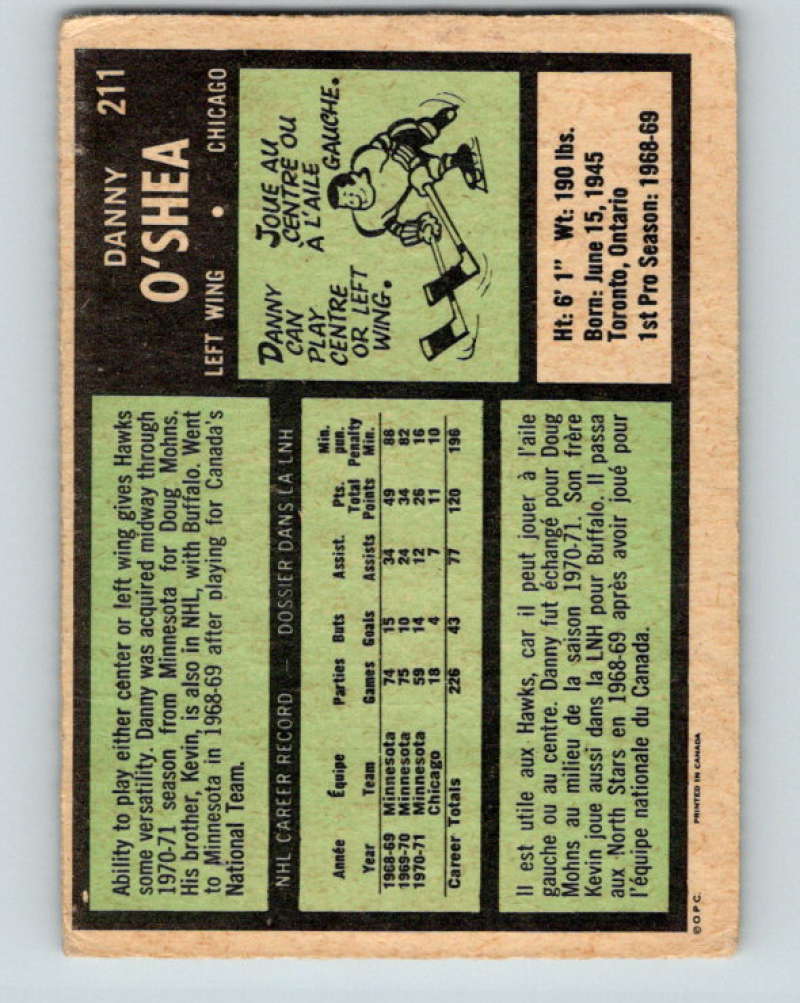 1971-72 O-Pee-Chee #211 Danny O'Shea  Chicago Blackhawks  8906 Image 2