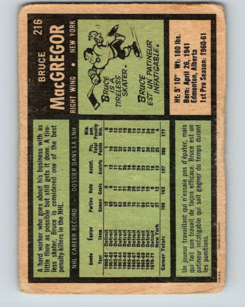 1971-72 O-Pee-Chee #216 Bruce MacGregor  New York Rangers  8911 Image 2