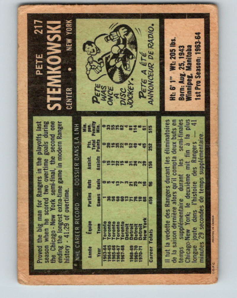 1971-72 O-Pee-Chee #217 Pete Stemkowski  New York Rangers  8912 Image 2
