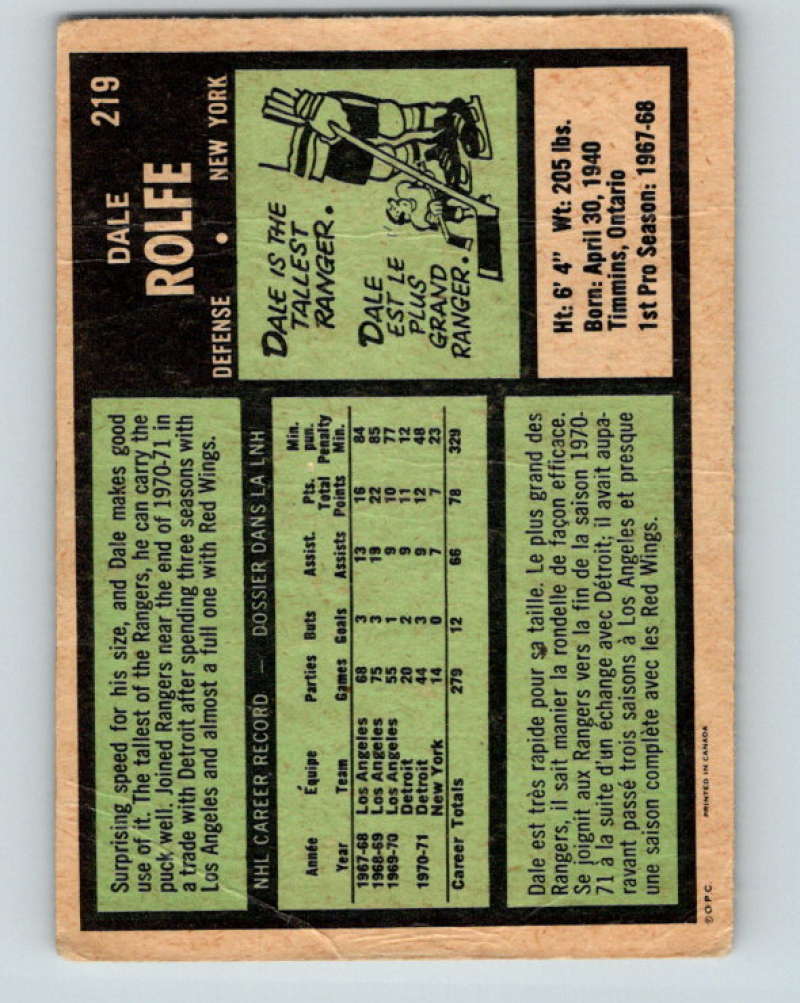 1971-72 O-Pee-Chee #219 Dale Rolfe  New York Rangers  8914 Image 2