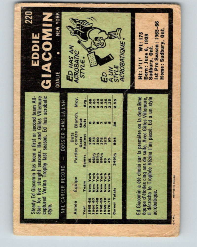 1971-72 O-Pee-Chee #220 Ed Giacomin  New York Rangers  8915 Image 2