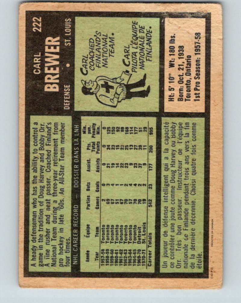 1971-72 O-Pee-Chee #222 Carl Brewer  St. Louis Blues  8917 Image 2