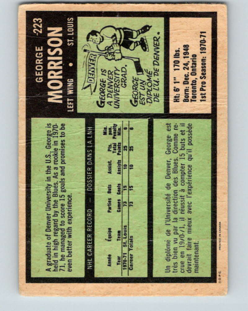 1971-72 O-Pee-Chee #223 George Morrison  RC Rookie St. Louis Blues  8918 Image 2
