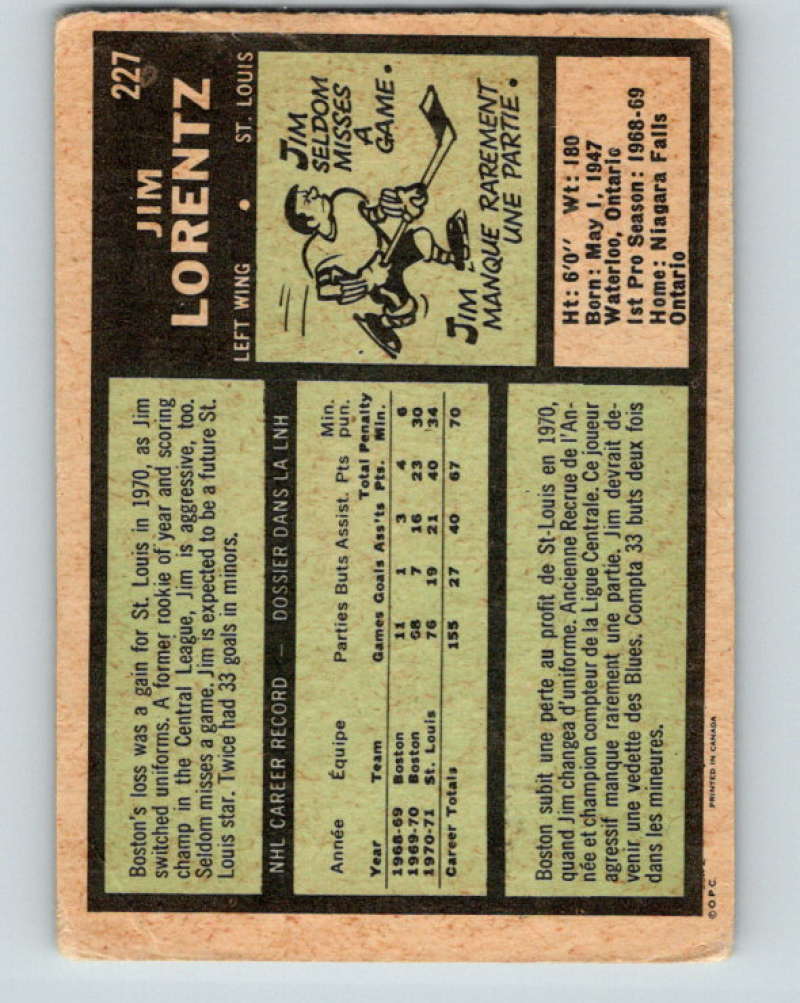 1971-72 O-Pee-Chee #227 Jim Lorentz  St. Louis Blues  8922