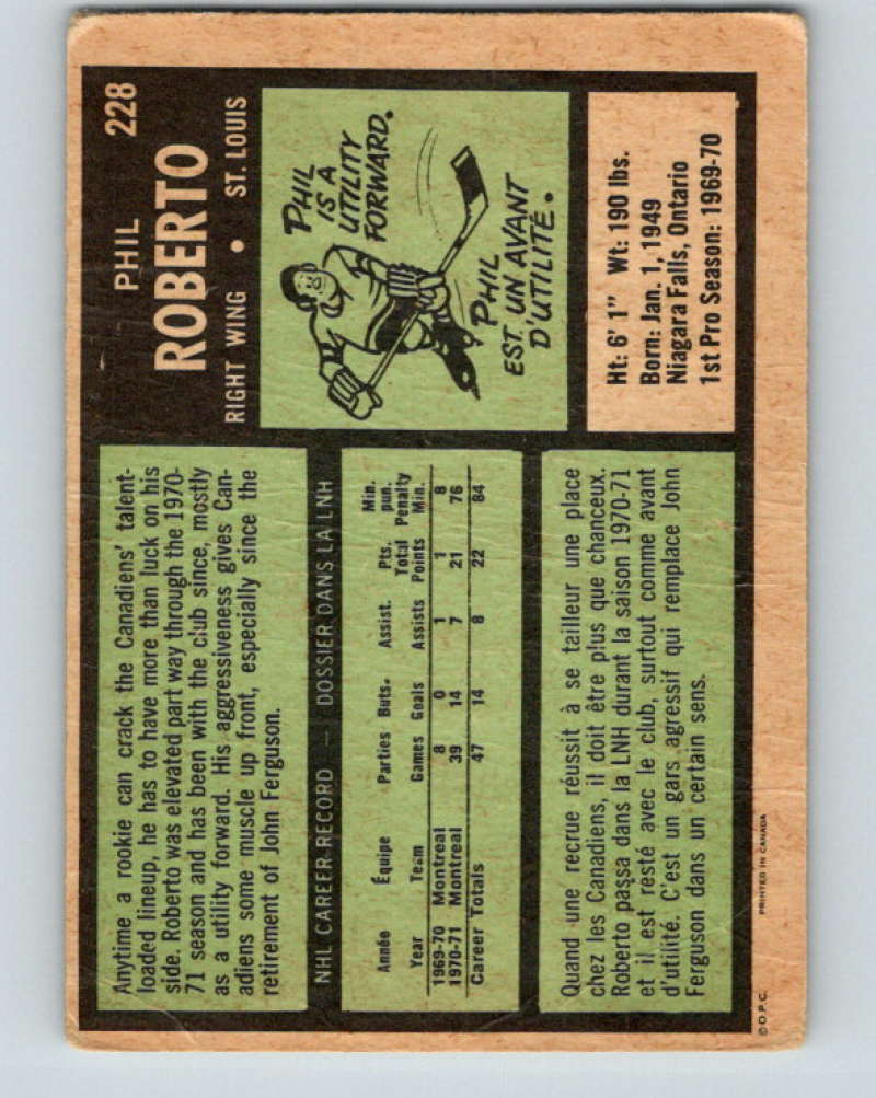 1971-72 O-Pee-Chee #228 Phil Roberto  RC Rookie St. Louis Blues  8923