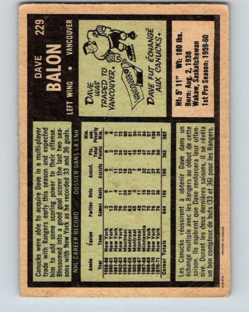 1971-72 O-Pee-Chee #229 Dave Balon  Vancouver Canucks  8924 Image 2