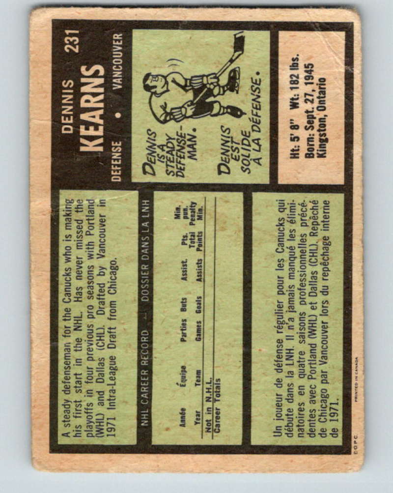 1971-72 O-Pee-Chee #231 Dennis Kearns  RC Rookie Canucks  8926 Image 2