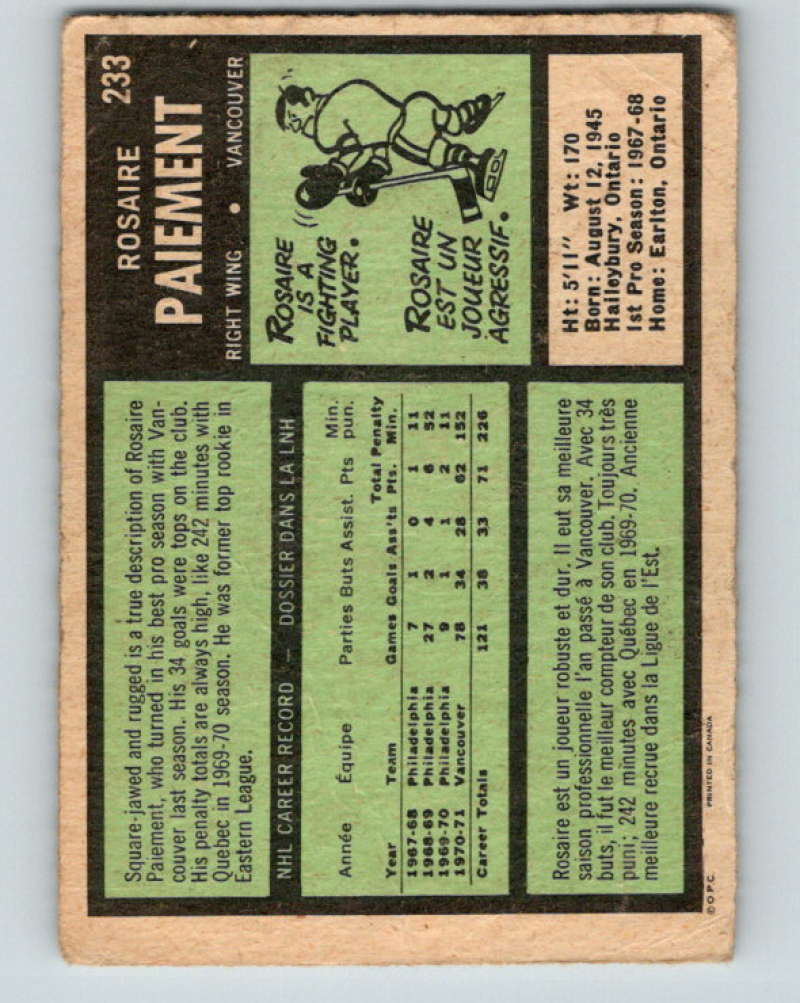 1971-72 O-Pee-Chee #233 Rosaire Paiement  Vancouver Canucks  8928 Image 2