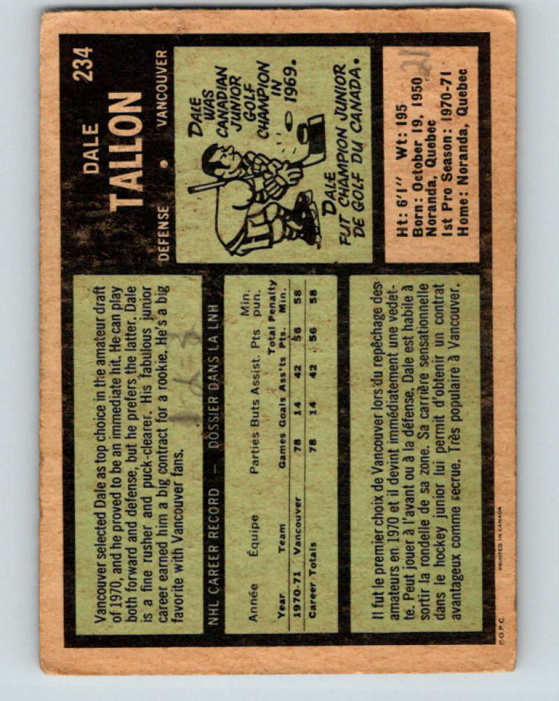 1971-72 O-Pee-Chee #234 Dale Tallon  Vancouver Canucks  8929 Image 2