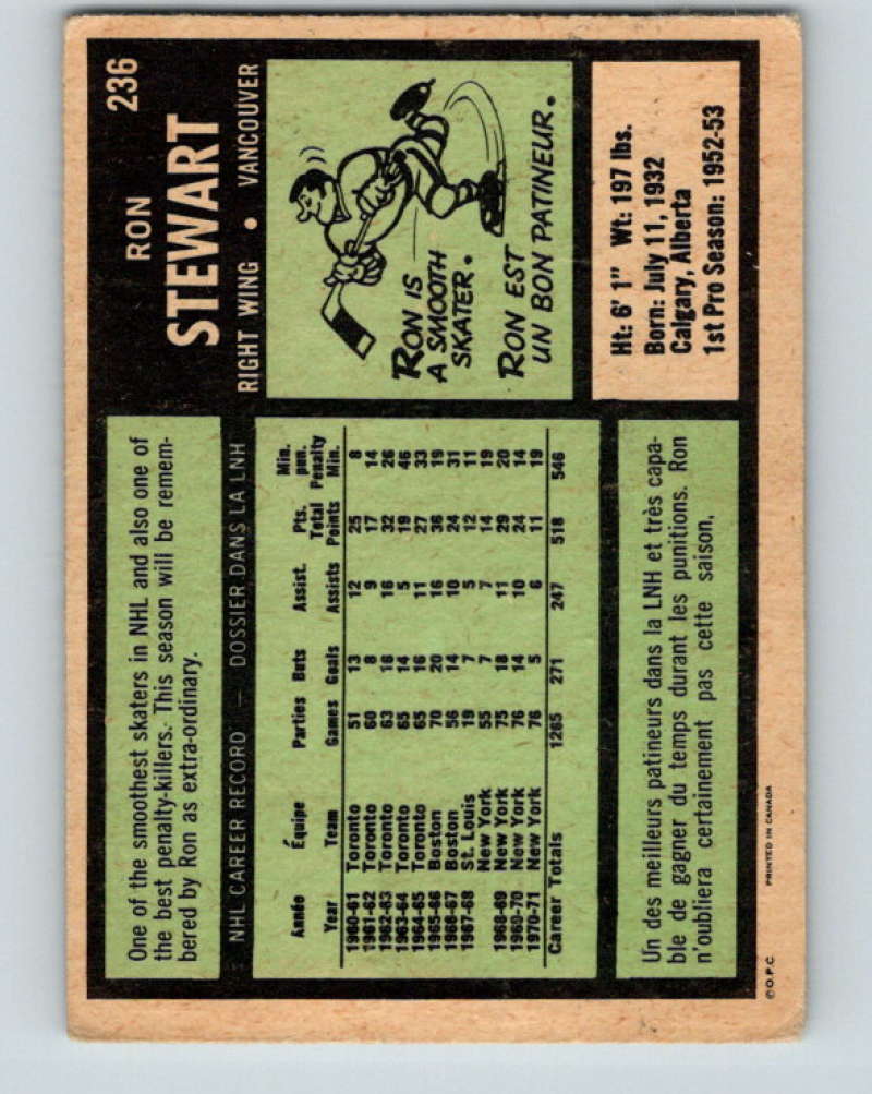 1971-72 O-Pee-Chee #236 Ron Stewart  Vancouver Canucks  8931 Image 2