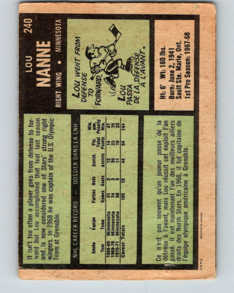 1971-72 O-Pee-Chee #240 Lou Nanne  Minnesota North Stars  8935