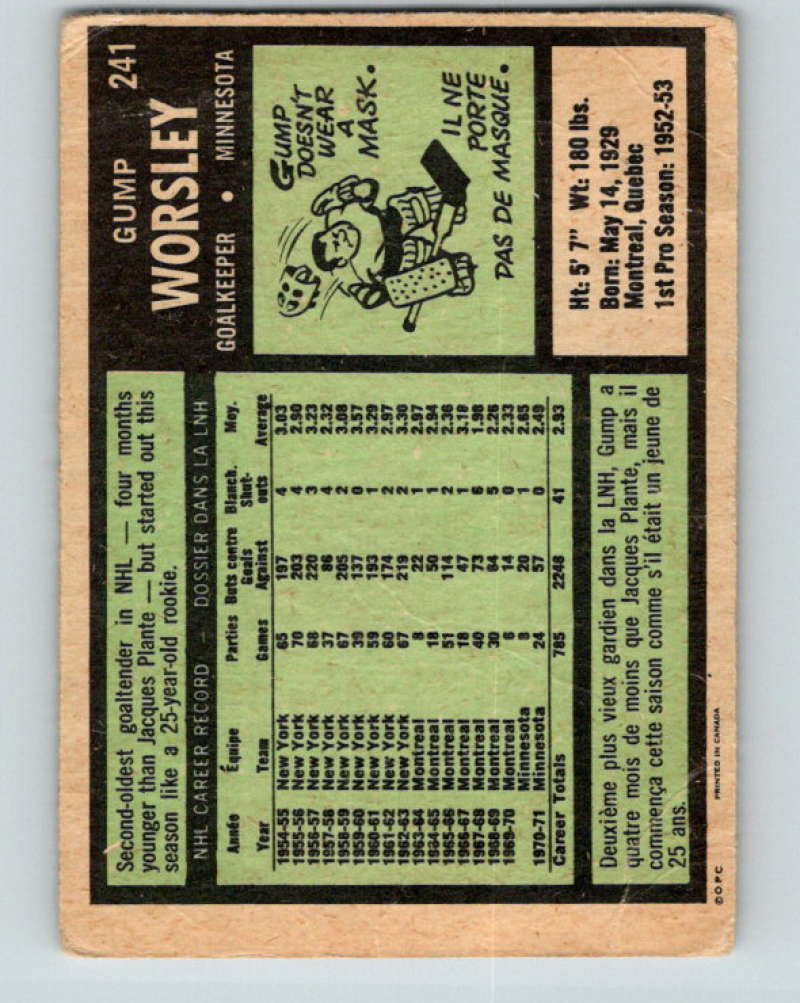 1971-72 O-Pee-Chee #241 Gump Worsley  Minnesota North Stars  8936