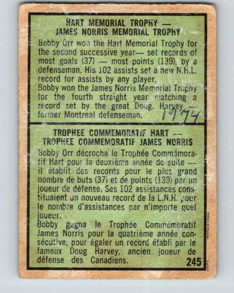 1971-72 O-Pee-Chee #245 Bobby Orr TR  Boston Bruins  8940