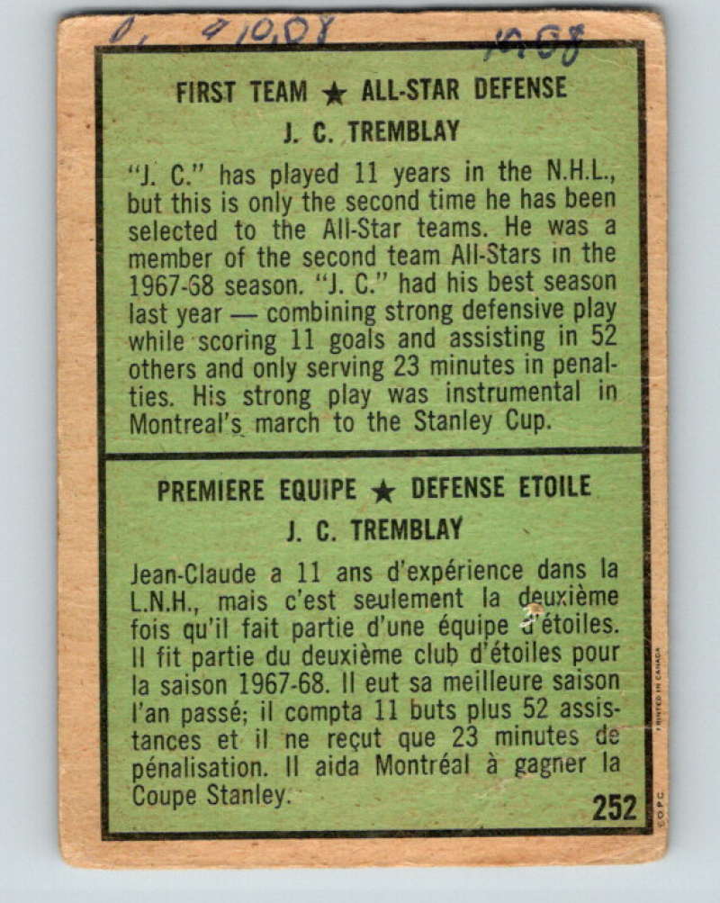 1971-72 O-Pee-Chee #252 J.C. Tremblay AS  Montreal Canadiens  8947 Image 2