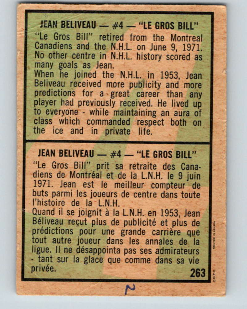 1971-72 O-Pee-Chee #263 Jean Beliveau  Montreal Canadiens  8958 Image 2