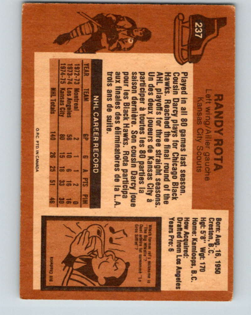 1975-76 O-Pee-Chee #237 Randy Rota  Kansas City Scouts  9460