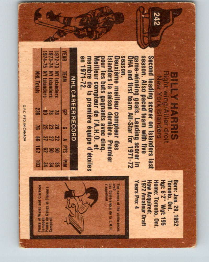 1975-76 O-Pee-Chee #242 Billy Harris  New York Islanders  9465 Image 2