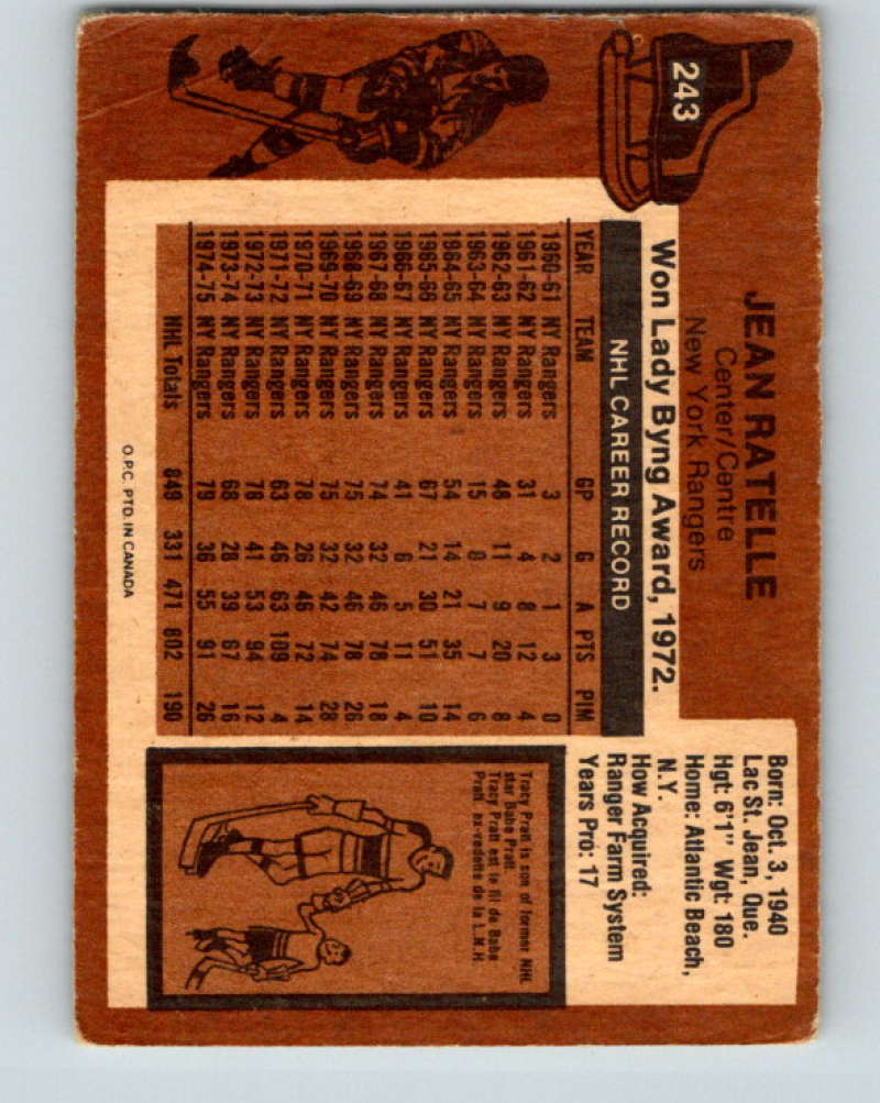 1975-76 O-Pee-Chee #243 Jean Ratelle  New York Rangers  9466