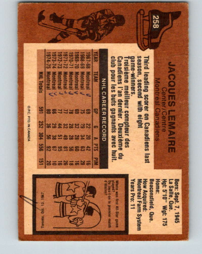 1975-76 O-Pee-Chee #258 Jacques Lemaire  Montreal Canadiens  9485