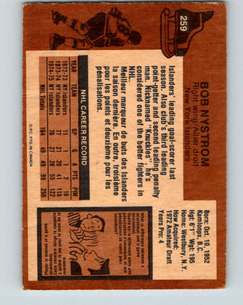 1975-76 O-Pee-Chee #259 Bob Nystrom  New York Islanders  9486 Image 2