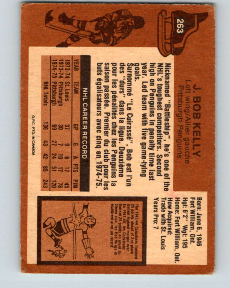1975-76 O-Pee-Chee #263 J. Bob Kelly  Pittsburgh Penguins  9490 Image 2