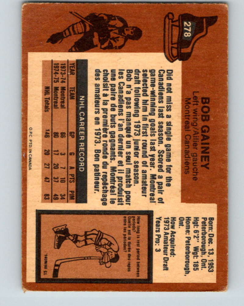 1975-76 O-Pee-Chee #278 Bob Gainey  Montreal Canadiens  9506