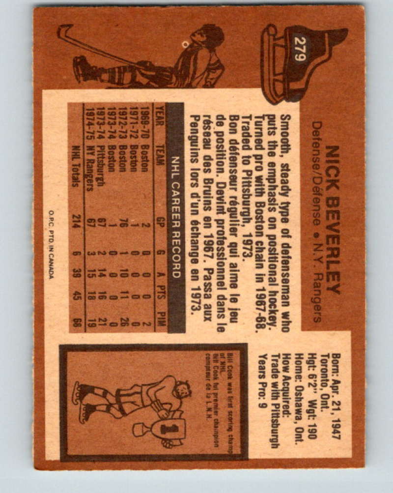 1975-76 O-Pee-Chee #279 Nick Beverley  New York Rangers  9507 Image 2