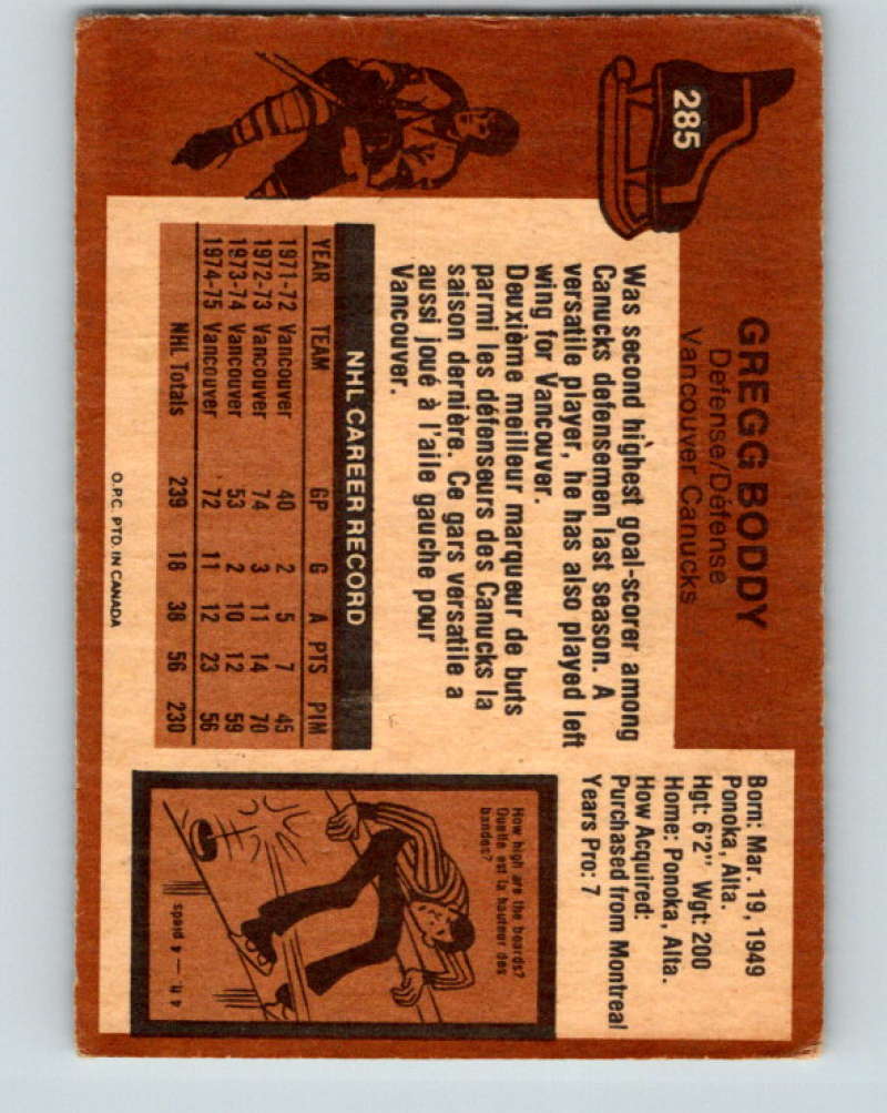 1975-76 O-Pee-Chee #285 Gregg Boddy  Vancouver Canucks  9513