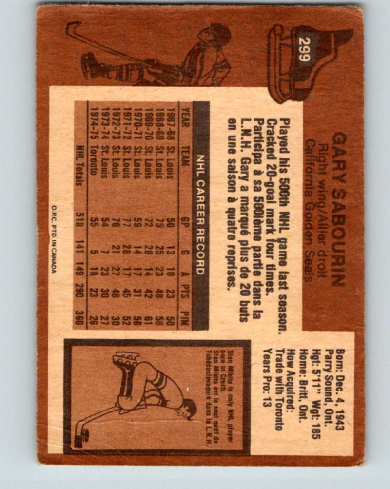 1975-76 O-Pee-Chee #299 Gary Sabourin  California Golden Seals  9527