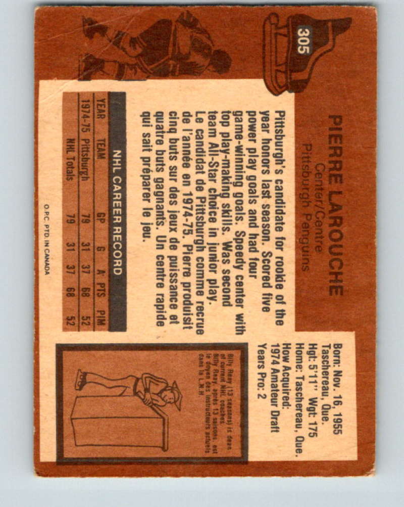 1975-76 O-Pee-Chee #305 Pierre Larouche  RC Rookie Pittsburgh Penguins  9533