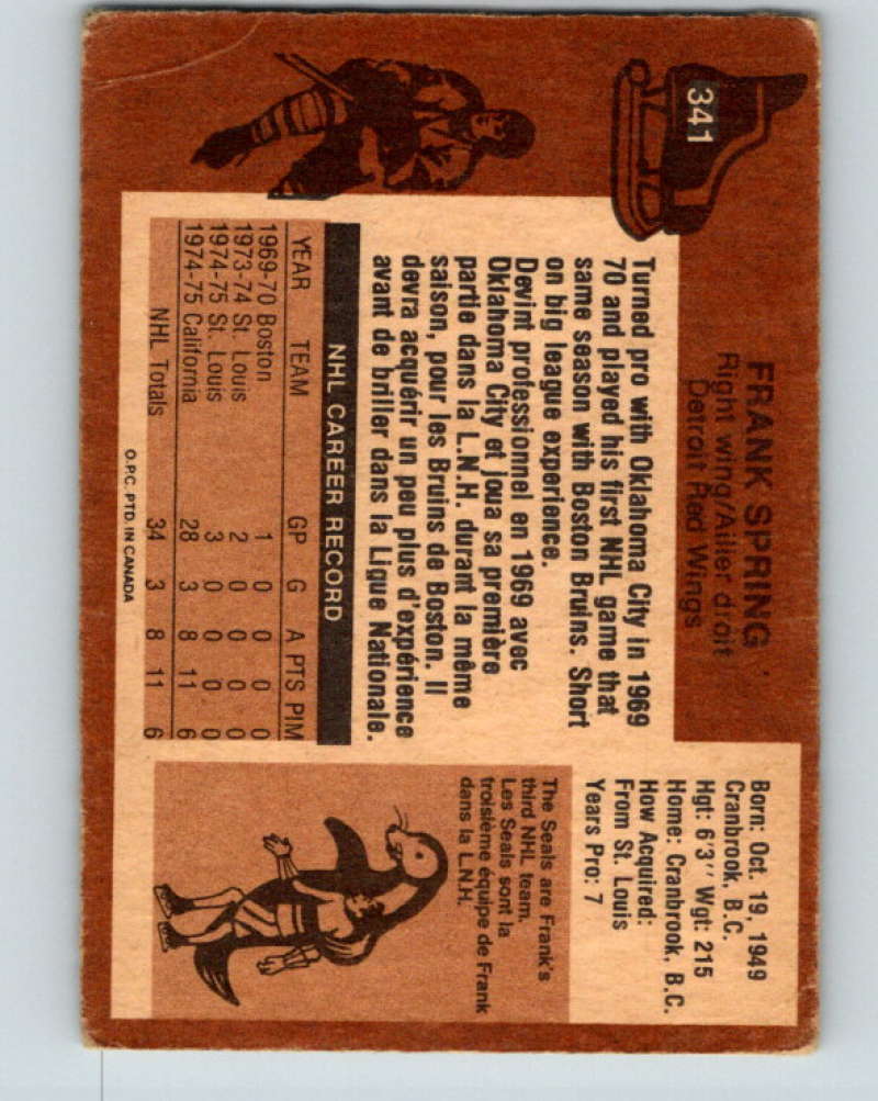1975-76 O-Pee-Chee #341 Frank Spring  RC Rookie California Golden Seals  9569 Image 2