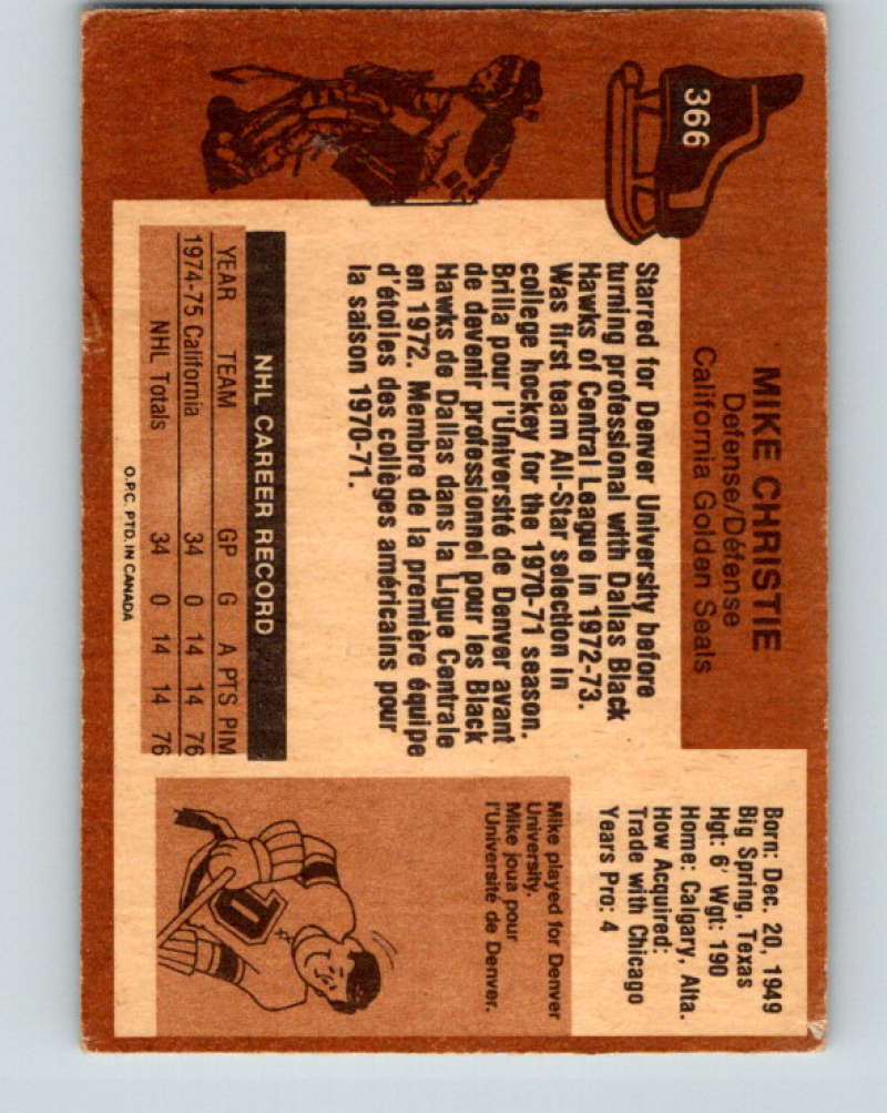 1975-76 O-Pee-Chee #366 Mike Christie  California Golden Seals  9594 Image 2