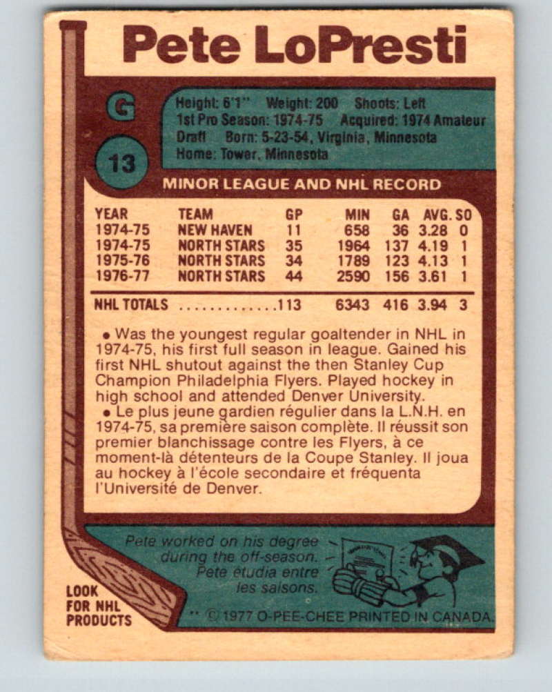 1977-78 O-Pee-Chee #13 Pete LoPresti NHL  North Stars 9636 Image 2