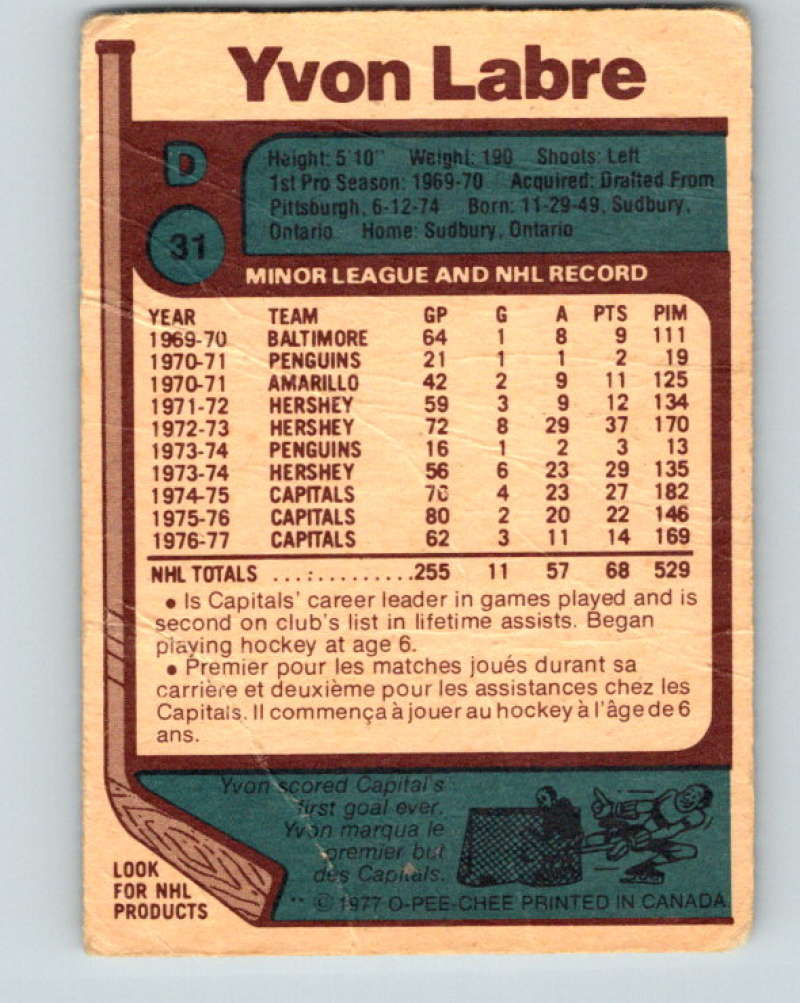 1977-78 O-Pee-Chee #31 Yvon Labre NHL  Capitals 9654 Image 2