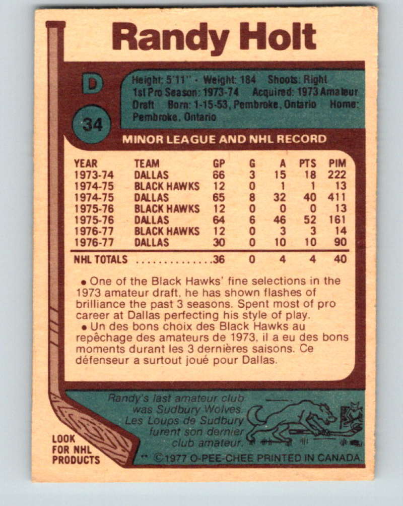 1977-78 O-Pee-Chee #34 Randy Holt NHL  RC Rookie Blackhawks 9657 Image 2