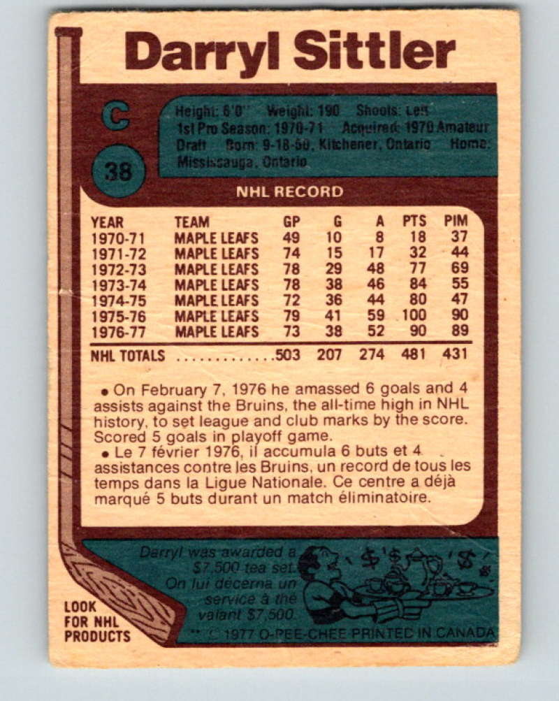 1977-78 O-Pee-Chee #38 Darryl Sittler NHL  Maple Leafs 9662