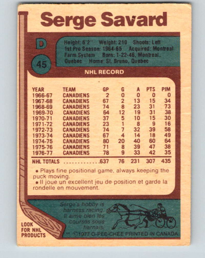 1977-78 O-Pee-Chee #45 Serge Savard NHL  Canadiens 9671