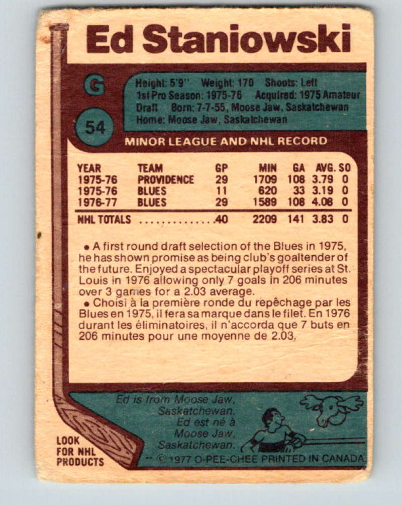 1977-78 O-Pee-Chee #54 Ed Staniowski NHL  Blues 9680 Image 2