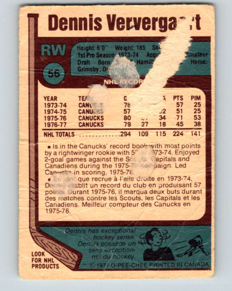 1977-78 O-Pee-Chee #56 Dennis Ververgaert NHL  Canucks 9682 Image 2