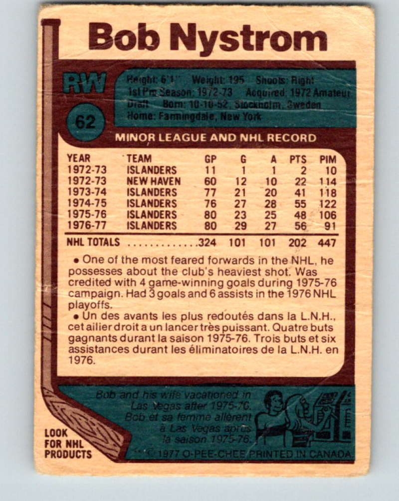 1977-78 O-Pee-Chee #62 Bob Nystrom NHL  NY Islanders 9688 Image 2