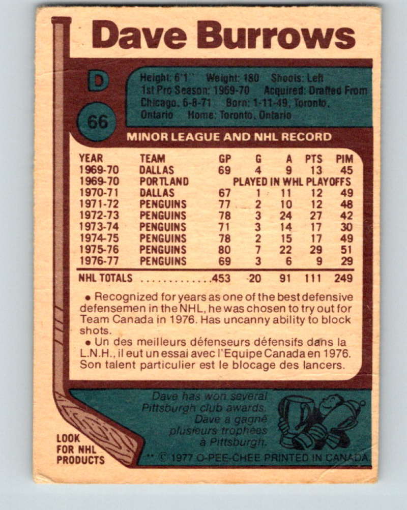 1977-78 O-Pee-Chee #66 Dave Burrows NHL  Penguins 9692 Image 2